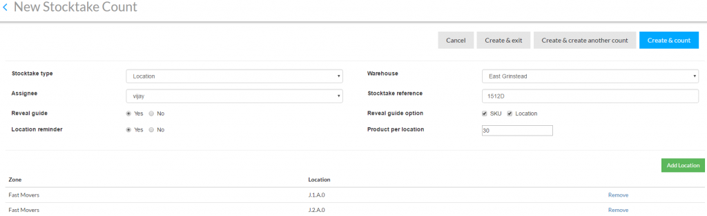 Location stock count
