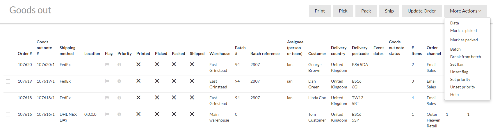 Goods out listing - Goods out processing in batches or singly - Warewolf